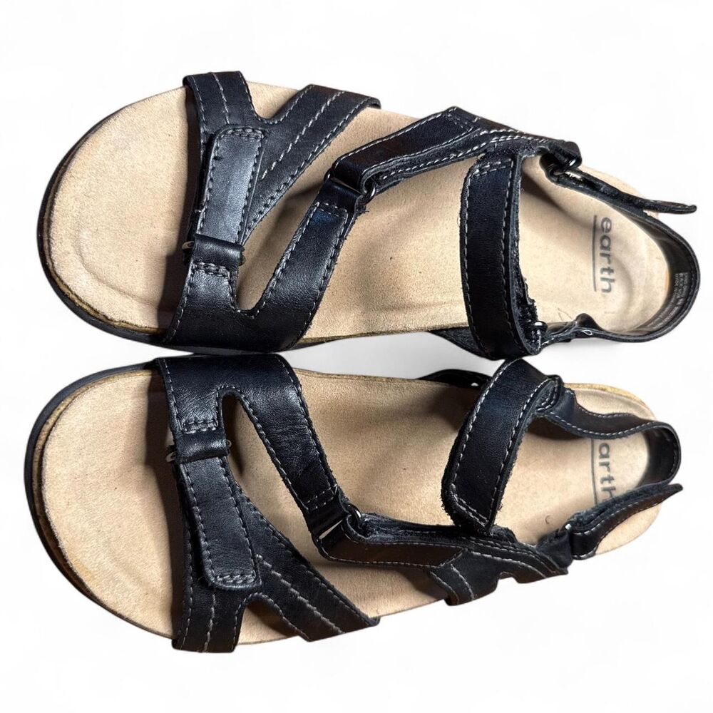 Earth Women's Black Leather Sandals Velcro Adjustable Relief Pod Heel Sz9